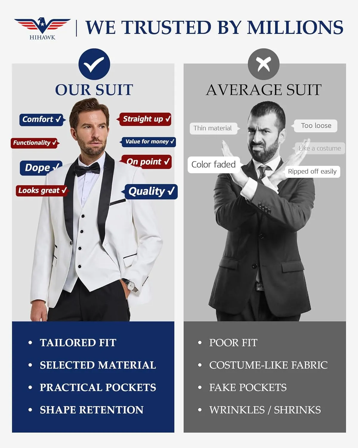 Hihawk Men's 3 Piece Slim Fit Solid Tuxedo with Stretch Fabric, One Button Shawl Collar Jacket Vest Pants with Bow Tie