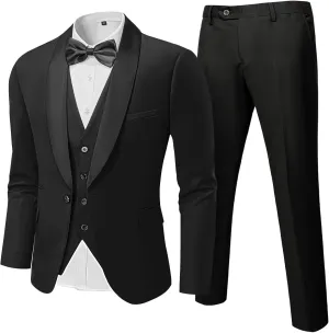 Hihawk Men's 3 Piece Slim Fit Solid Tuxedo with Stretch Fabric, One Button Shawl Collar Jacket Vest Pants with Bow Tie
