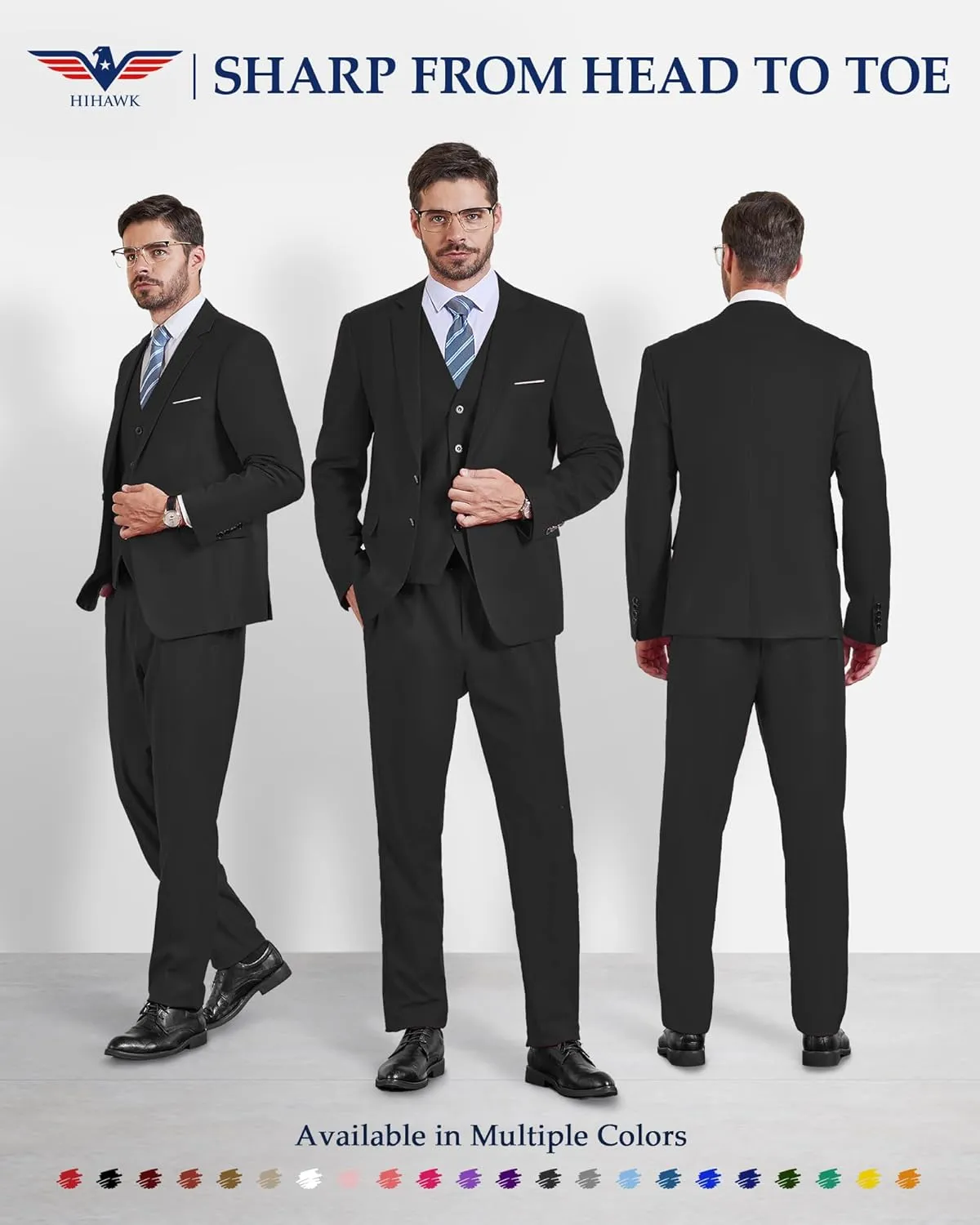 Hihawk Men's 3 Piece Suit with Stretch Fabric, Solid Slim Fit Two Button Suit Blazer Set, Jacket Vest Pants with Tie.