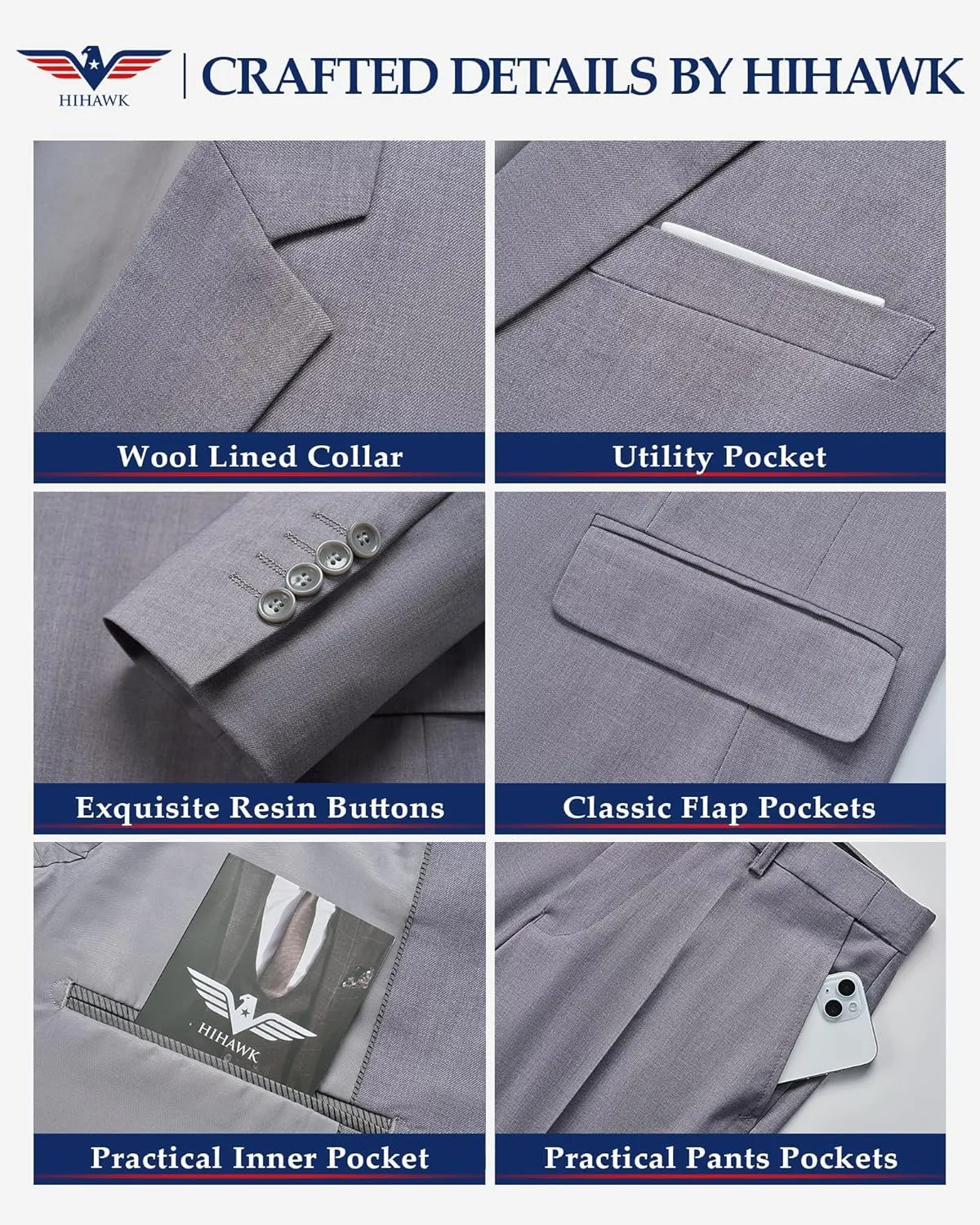 Hihawk Men's 3 Piece Suit with Stretch Fabric, Solid Slim Fit Two Button Suit Blazer Set, Jacket Vest Pants with Tie.
