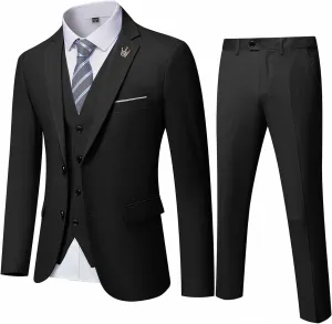 Hihawk Men's 3 Piece Suit with Stretch Fabric, Solid Slim Fit Two Button Suit Blazer Set, Jacket Vest Pants with Tie.