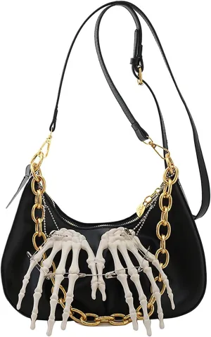 Hobo Bags for Women Vegan Punk Purse with Ghost Claw Chain Decoration Casual Use (Black)
