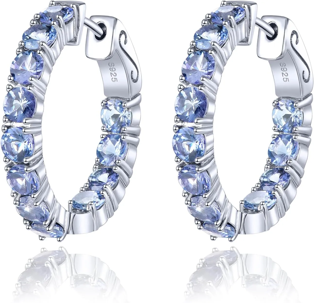 Hoop Earrings for women 925 Solid Sterling Silver, Natural Gemstone with 24 Grains Round Shape Main Stone Rhodium Plated Classic Style Fine Jewelry for Birthday Christmas Gifts
