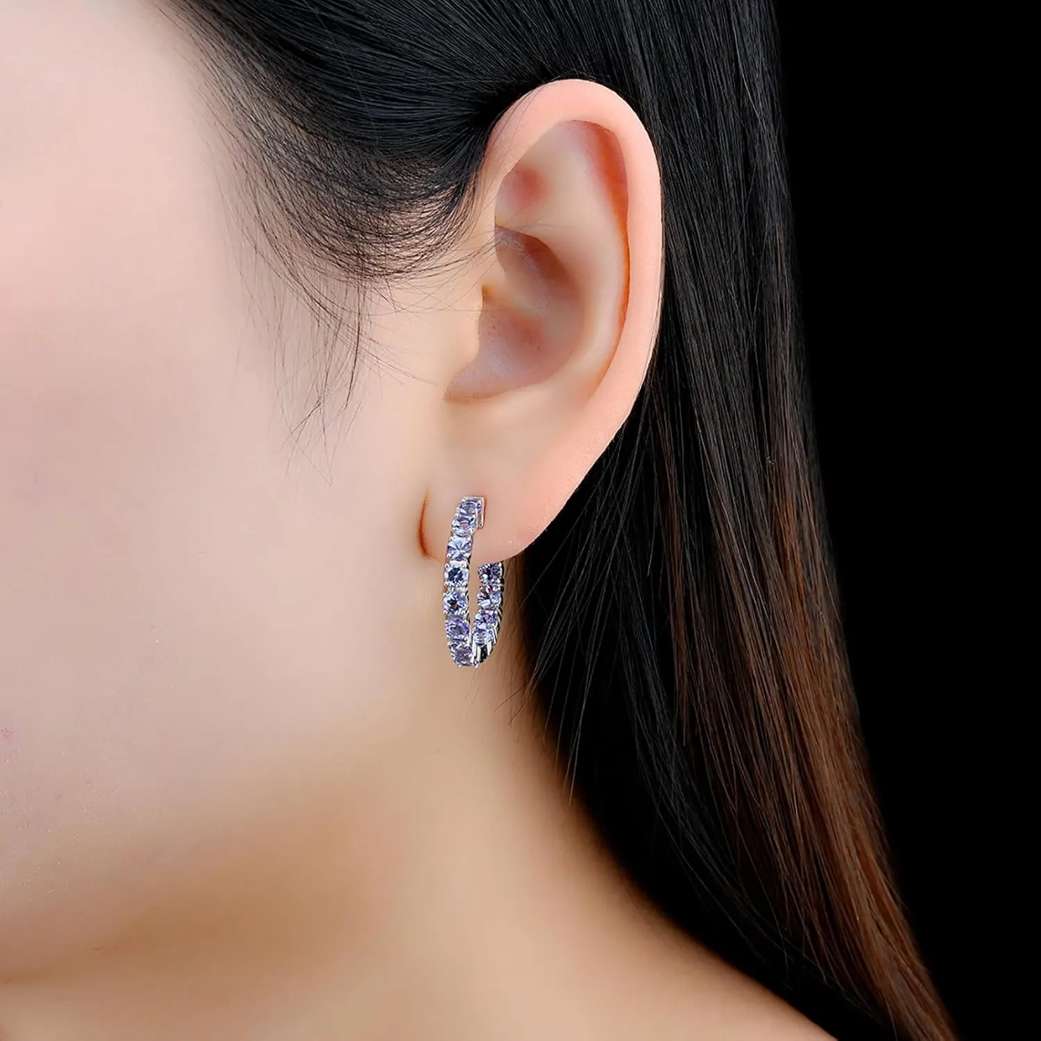 Hoop Earrings for women 925 Solid Sterling Silver, Natural Gemstone with 24 Grains Round Shape Main Stone Rhodium Plated Classic Style Fine Jewelry for Birthday Christmas Gifts