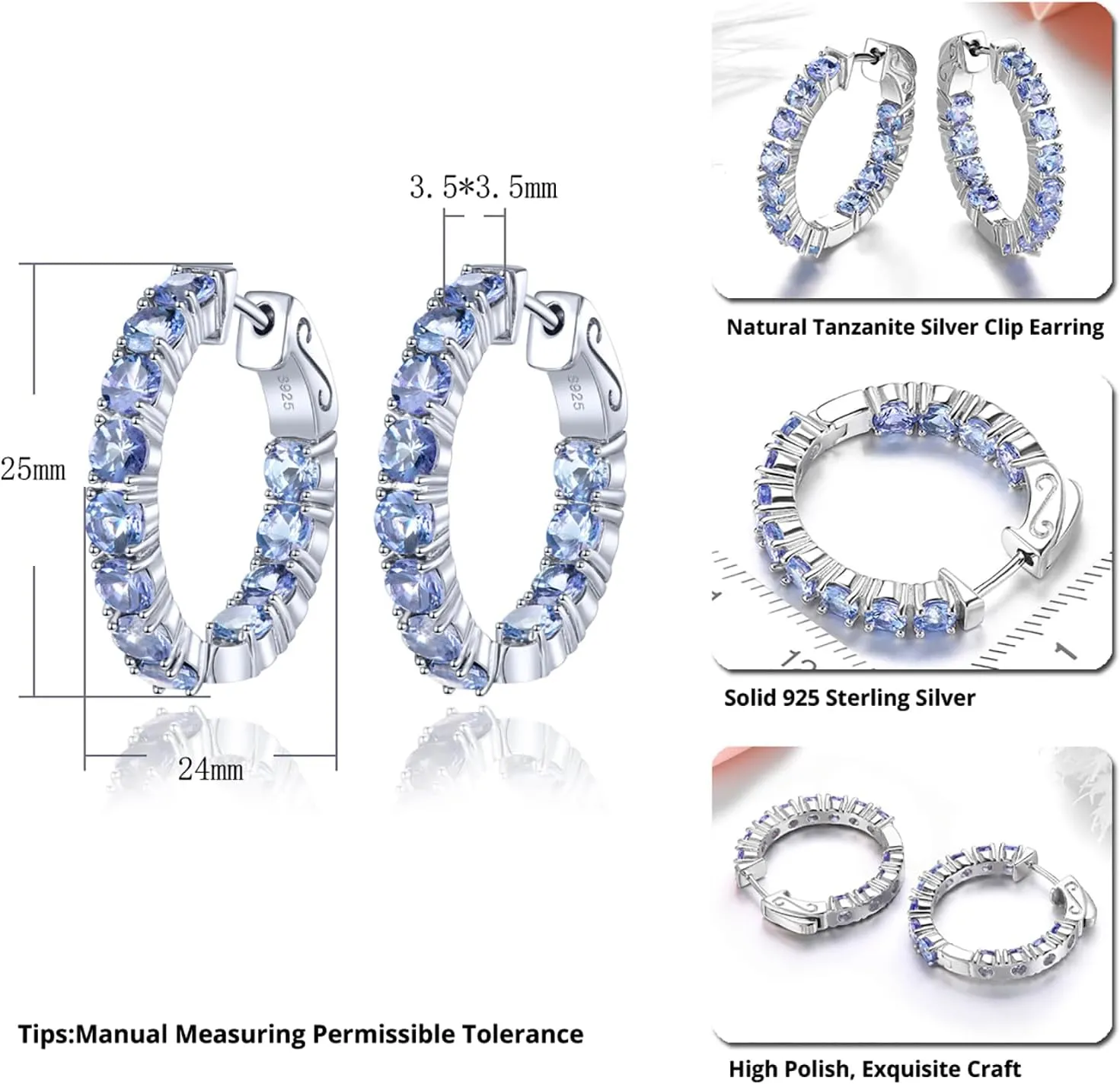 Hoop Earrings for women 925 Solid Sterling Silver, Natural Gemstone with 24 Grains Round Shape Main Stone Rhodium Plated Classic Style Fine Jewelry for Birthday Christmas Gifts