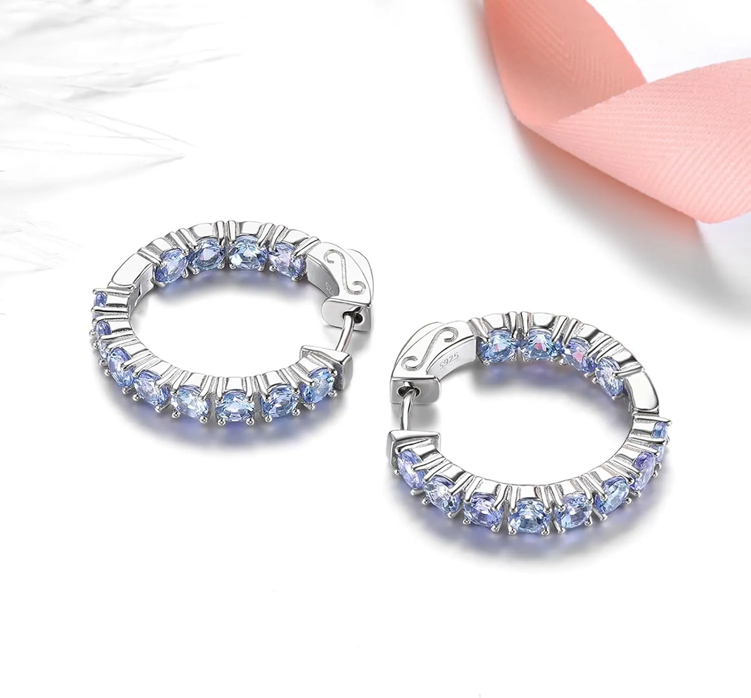 Hoop Earrings for women 925 Solid Sterling Silver, Natural Gemstone with 24 Grains Round Shape Main Stone Rhodium Plated Classic Style Fine Jewelry for Birthday Christmas Gifts