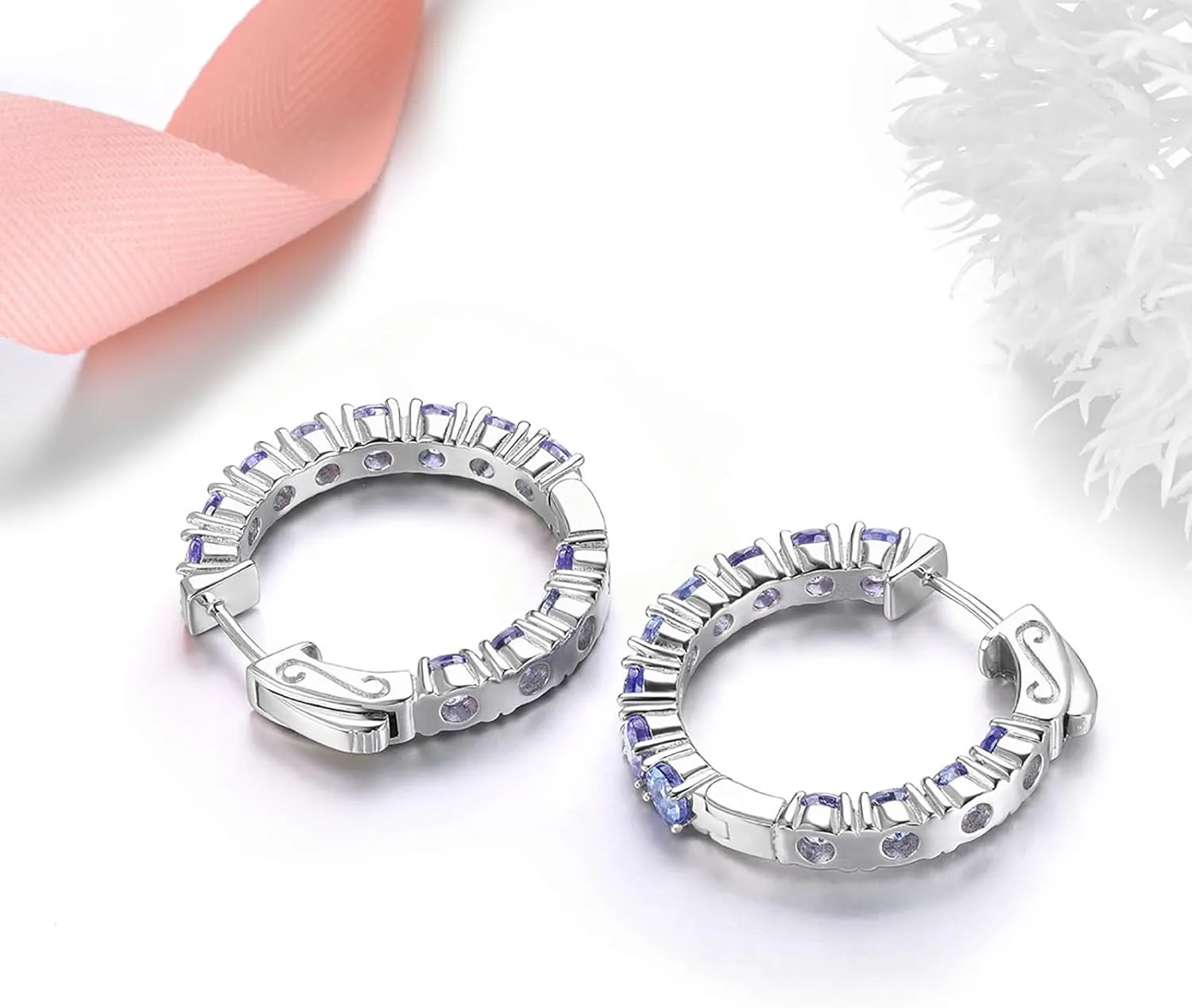 Hoop Earrings for women 925 Solid Sterling Silver, Natural Gemstone with 24 Grains Round Shape Main Stone Rhodium Plated Classic Style Fine Jewelry for Birthday Christmas Gifts