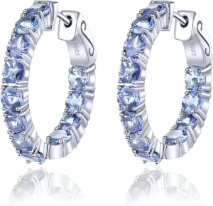 Hoop Earrings for women 925 Solid Sterling Silver, Natural Gemstone with 24 Grains Round Shape Main Stone Rhodium Plated Classic Style Fine Jewelry for Birthday Christmas Gifts