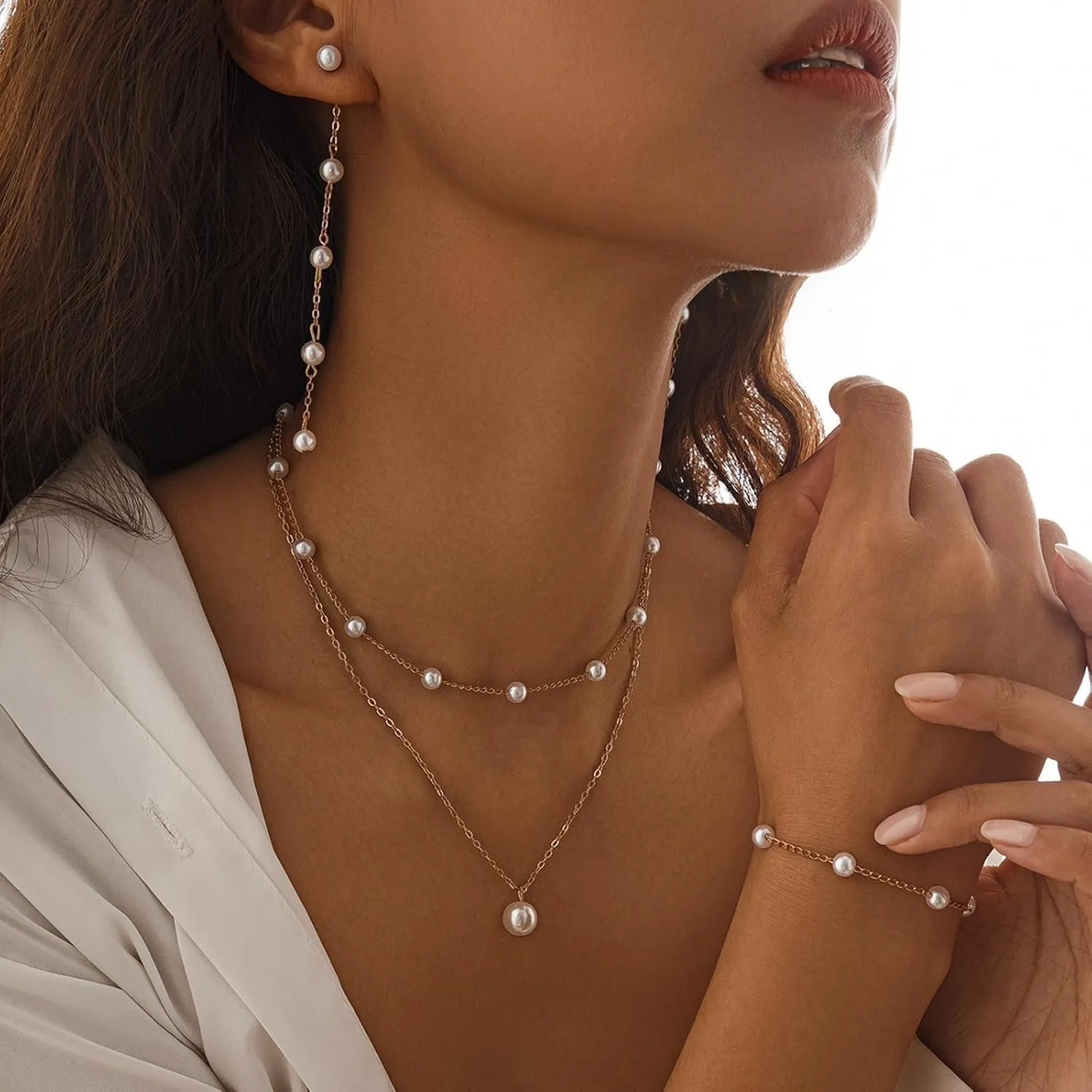 HUASAI Pearl Necklace and Earring Set 14k Gold Plated Jewelry Set Dainty Pearl Choker Necklaces for Women Pearl Wedding Jewelry Set Gifts