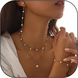 HUASAI Pearl Necklace and Earring Set 14k Gold Plated Jewelry Set Dainty Pearl Choker Necklaces for Women Pearl Wedding Jewelry Set Gifts