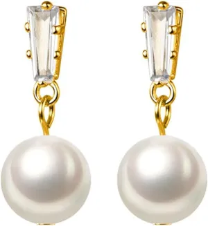 Hypoallergenic Gold Pearl Earrings for Women 925 Sterling Silver Post Classic Geometric Chic Rhinestone Cubic Zirconia Dangle Drop Earrings for Daily Date Wedding Birthday Party Jewelry Accessories