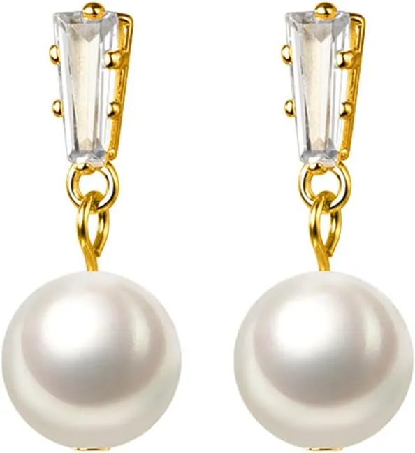 Hypoallergenic Gold Pearl Earrings for Women 925 Sterling Silver Post Classic Geometric Chic Rhinestone Cubic Zirconia Dangle Drop Earrings for Daily Date Wedding Birthday Party Jewelry Accessories