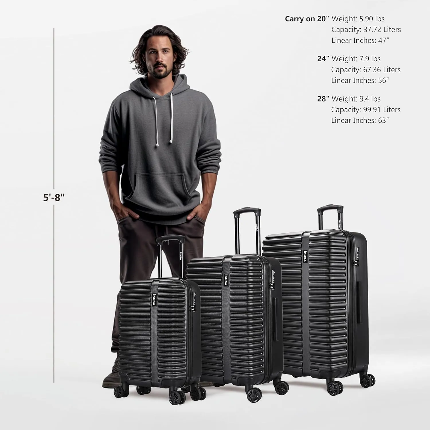 InUSA ALLY Travel Suitcase with Spinner Wheels | Lightweight Ergonomic GEL Handle and TSA Lock, Spacious Traveling Suitcases | (20/24/28) 3 Piece Hardside Luggage Set | Black