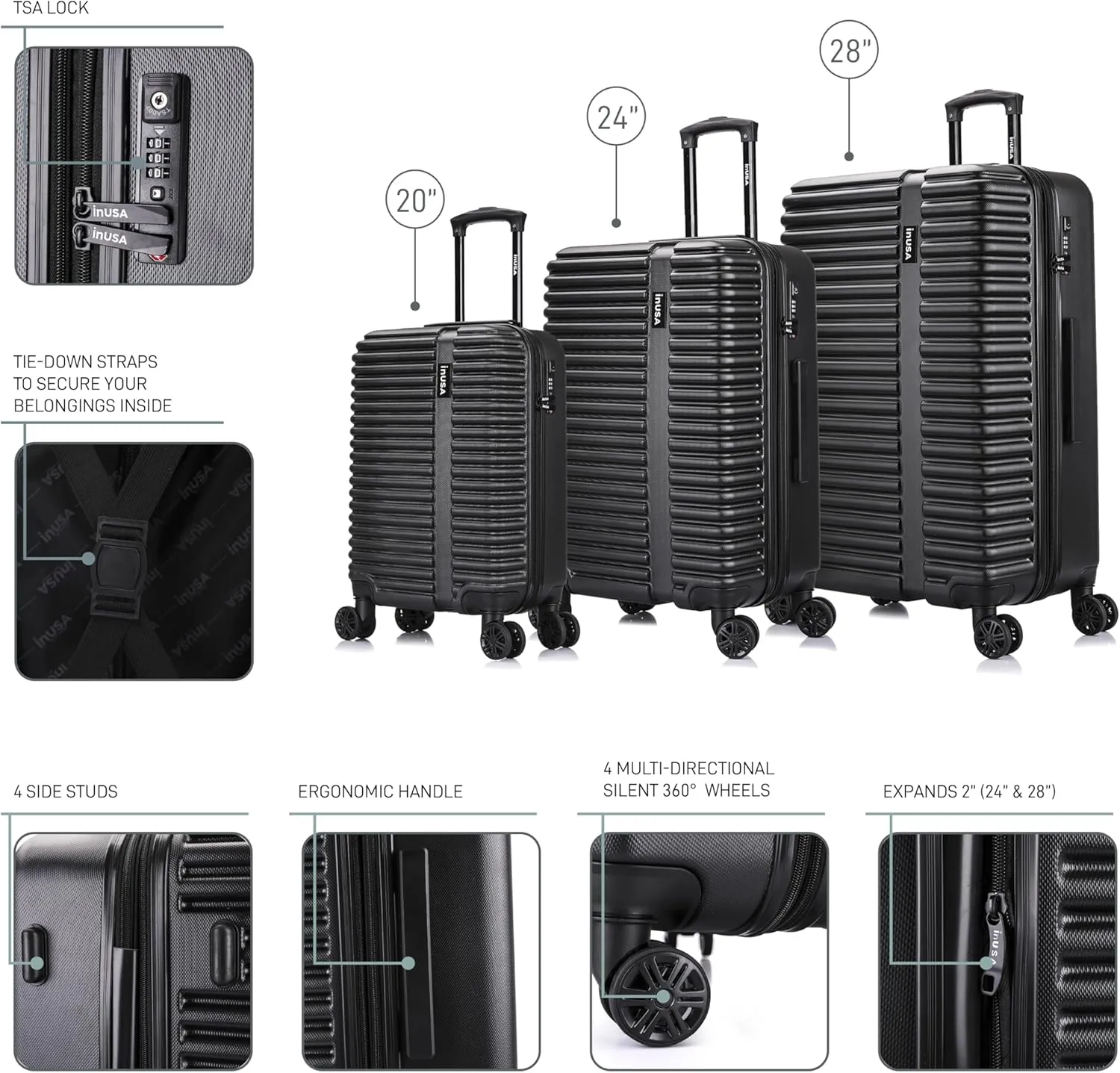 InUSA ALLY Travel Suitcase with Spinner Wheels | Lightweight Ergonomic GEL Handle and TSA Lock, Spacious Traveling Suitcases | (20/24/28) 3 Piece Hardside Luggage Set | Black