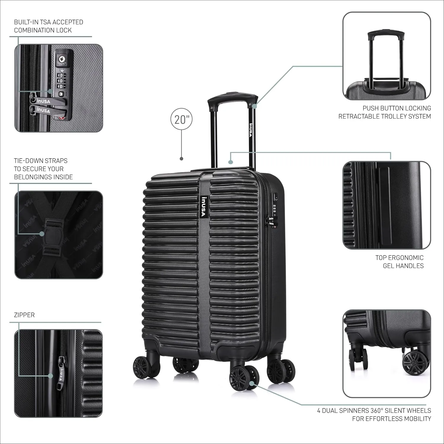 InUSA ALLY Travel Suitcase with Spinner Wheels | Lightweight Ergonomic Luggage Handles and TSA Lock, Spacious Travel Suitcases | 20 Inch Hardside Carry On Luggage | Black