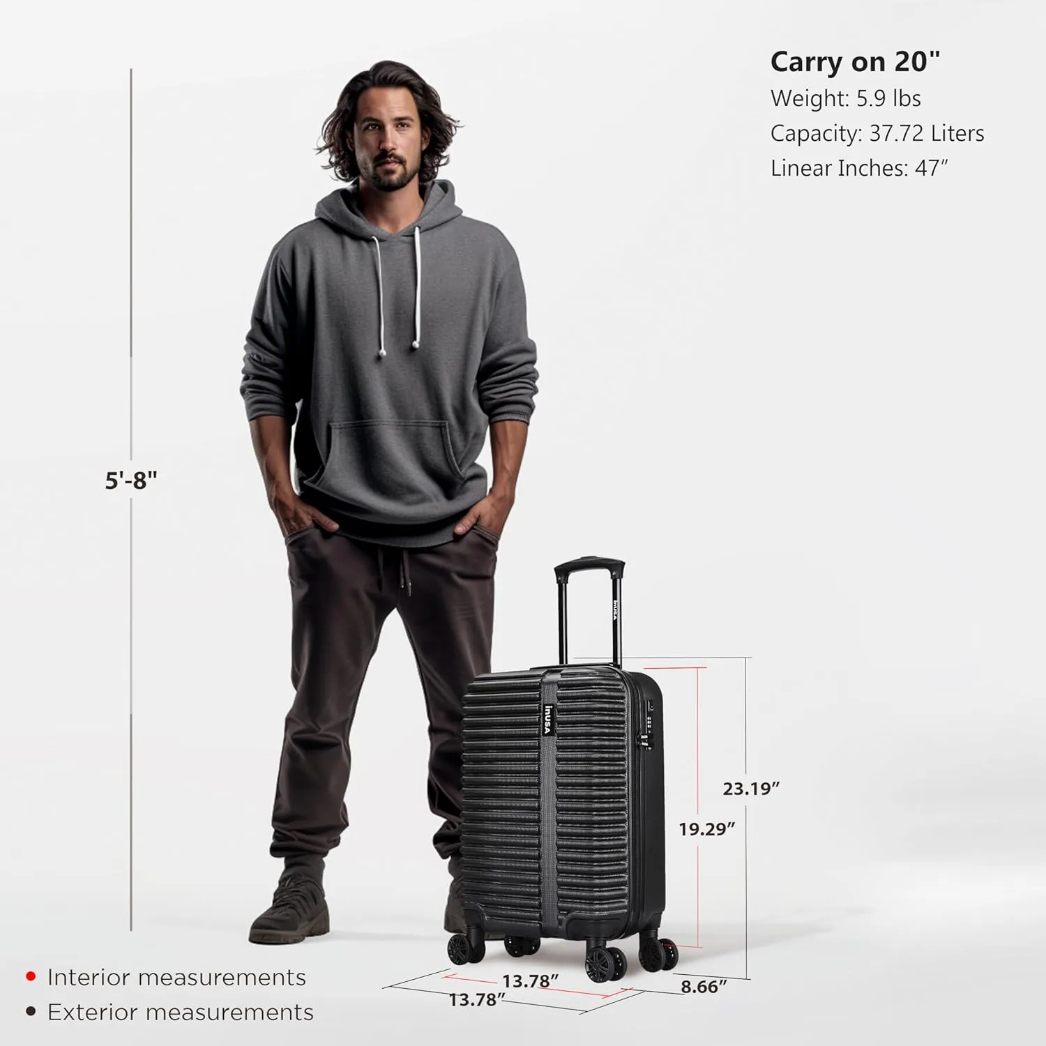 InUSA ALLY Travel Suitcase with Spinner Wheels | Lightweight Ergonomic Luggage Handles and TSA Lock, Spacious Travel Suitcases | 20 Inch Hardside Carry On Luggage | Black