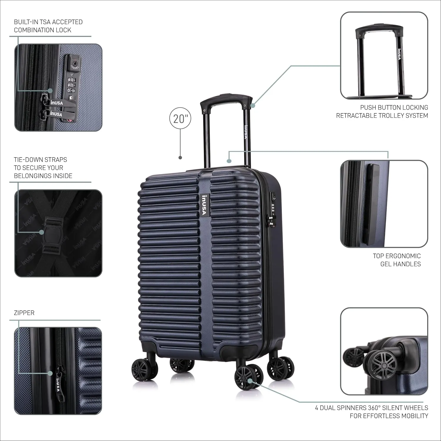 InUSA ALLY Travel Suitcase with Spinner Wheels | Lightweight Ergonomic Luggage Handles and TSA Lock, Spacious Travel Suitcases | 20 Inch Hardside Carry On Luggage | Blue