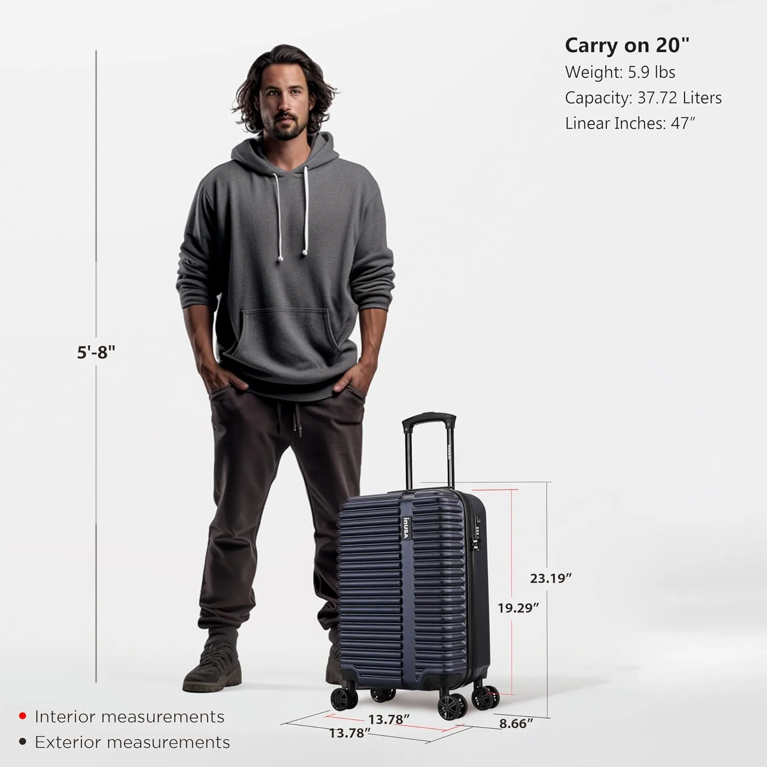 InUSA ALLY Travel Suitcase with Spinner Wheels | Lightweight Ergonomic Luggage Handles and TSA Lock, Spacious Travel Suitcases | 20 Inch Hardside Carry On Luggage | Blue