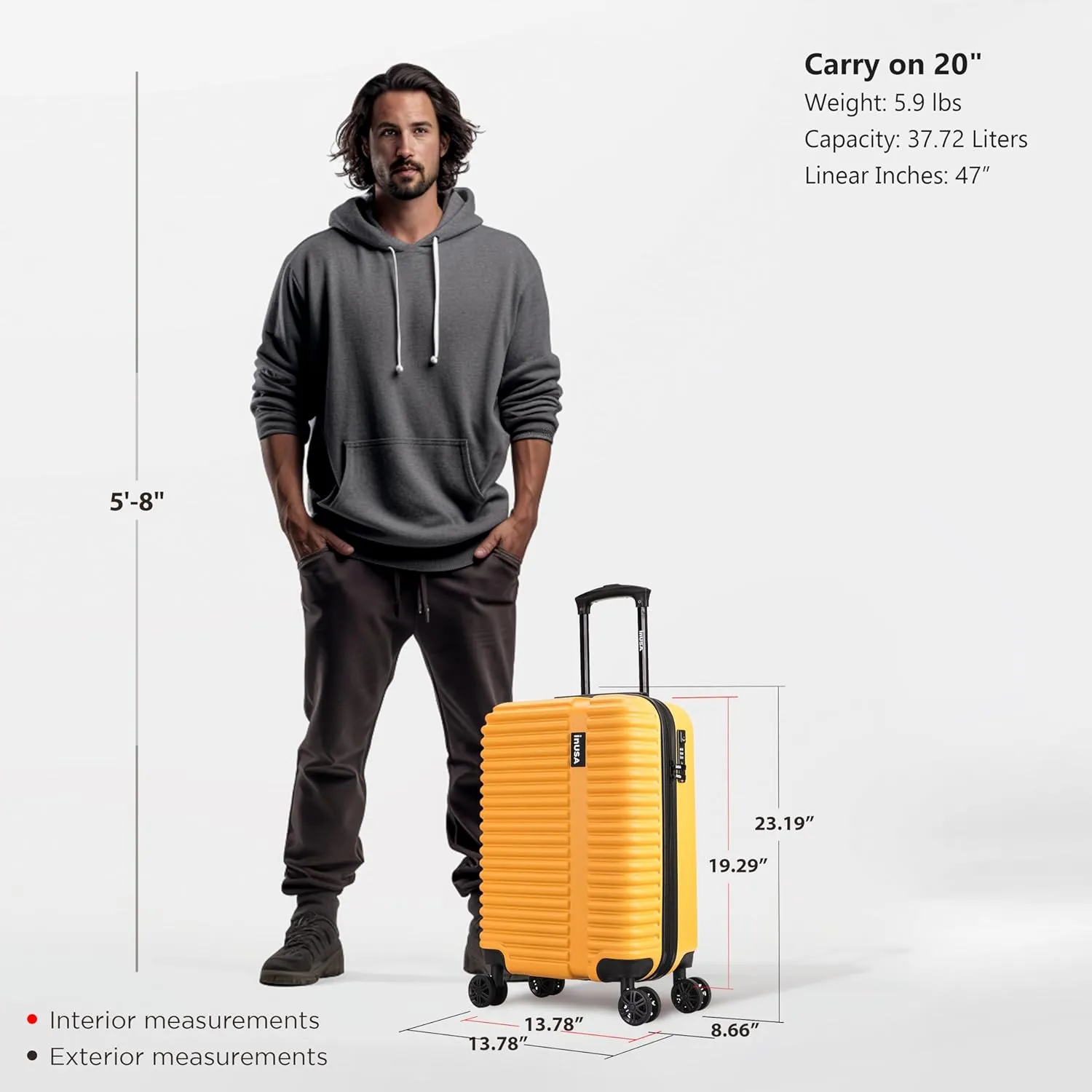 InUSA ALLY Travel Suitcase with Spinner Wheels | Lightweight Ergonomic Luggage Handles and TSA Lock, Spacious Traveling Suitcases | 20 Inch Hardside Carry On Spinner Luggage | Mustard