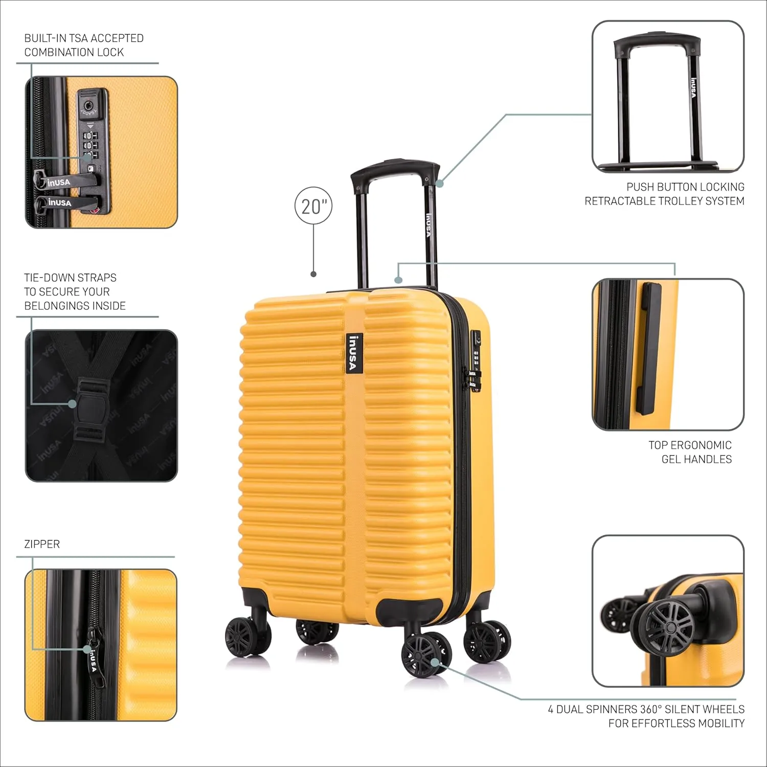 InUSA ALLY Travel Suitcase with Spinner Wheels | Lightweight Ergonomic Luggage Handles and TSA Lock, Spacious Traveling Suitcases | 20 Inch Hardside Carry On Spinner Luggage | Mustard
