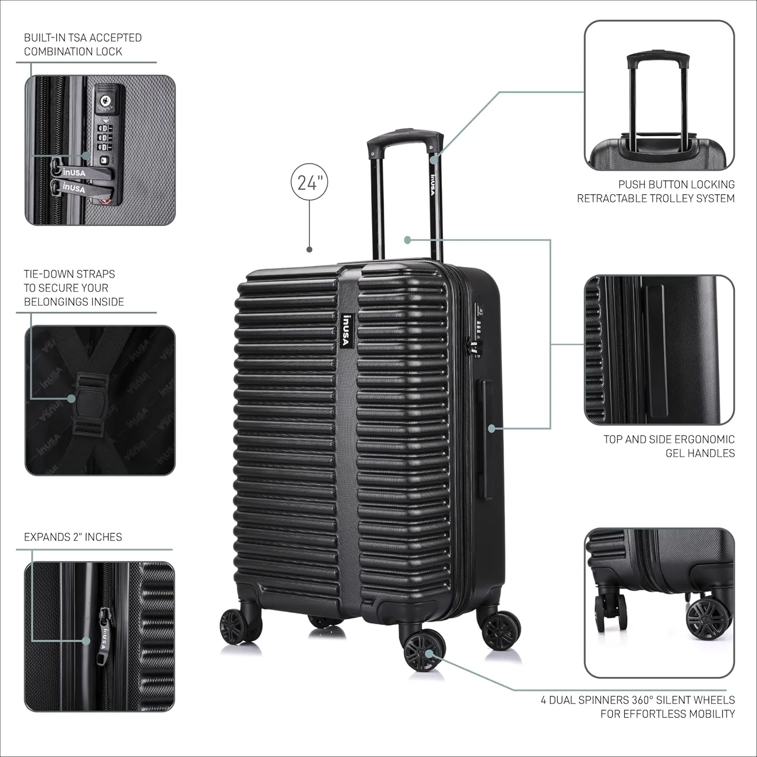InUSA ALLY Travel Suitcase with Spinner Wheels | Lightweight Ergonomic Luggage Handles and TSA Lock, Spacious Traveling Suitcases | 24 Inch Hardside Medium Luggage | Black