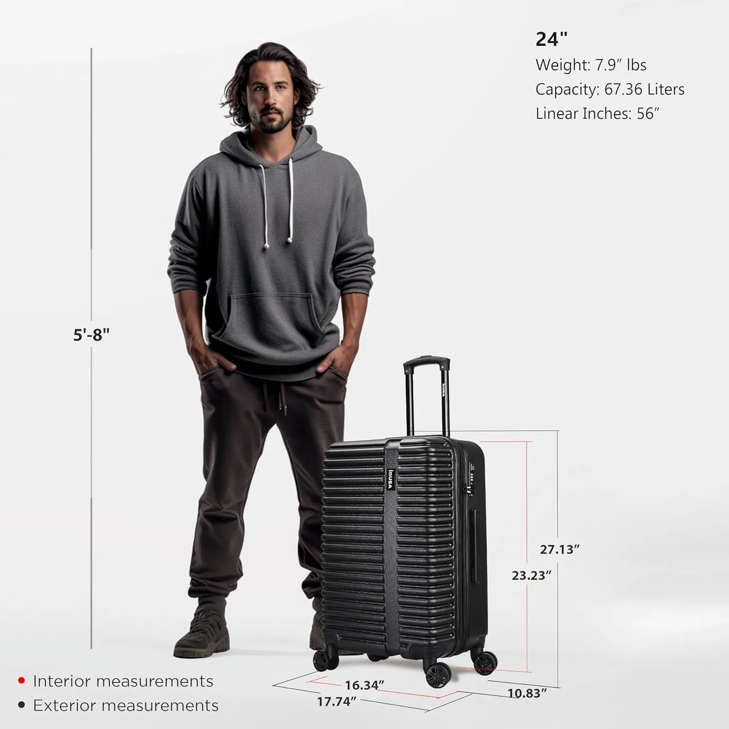 InUSA ALLY Travel Suitcase with Spinner Wheels | Lightweight Ergonomic Luggage Handles and TSA Lock, Spacious Traveling Suitcases | 24 Inch Hardside Medium Luggage | Black
