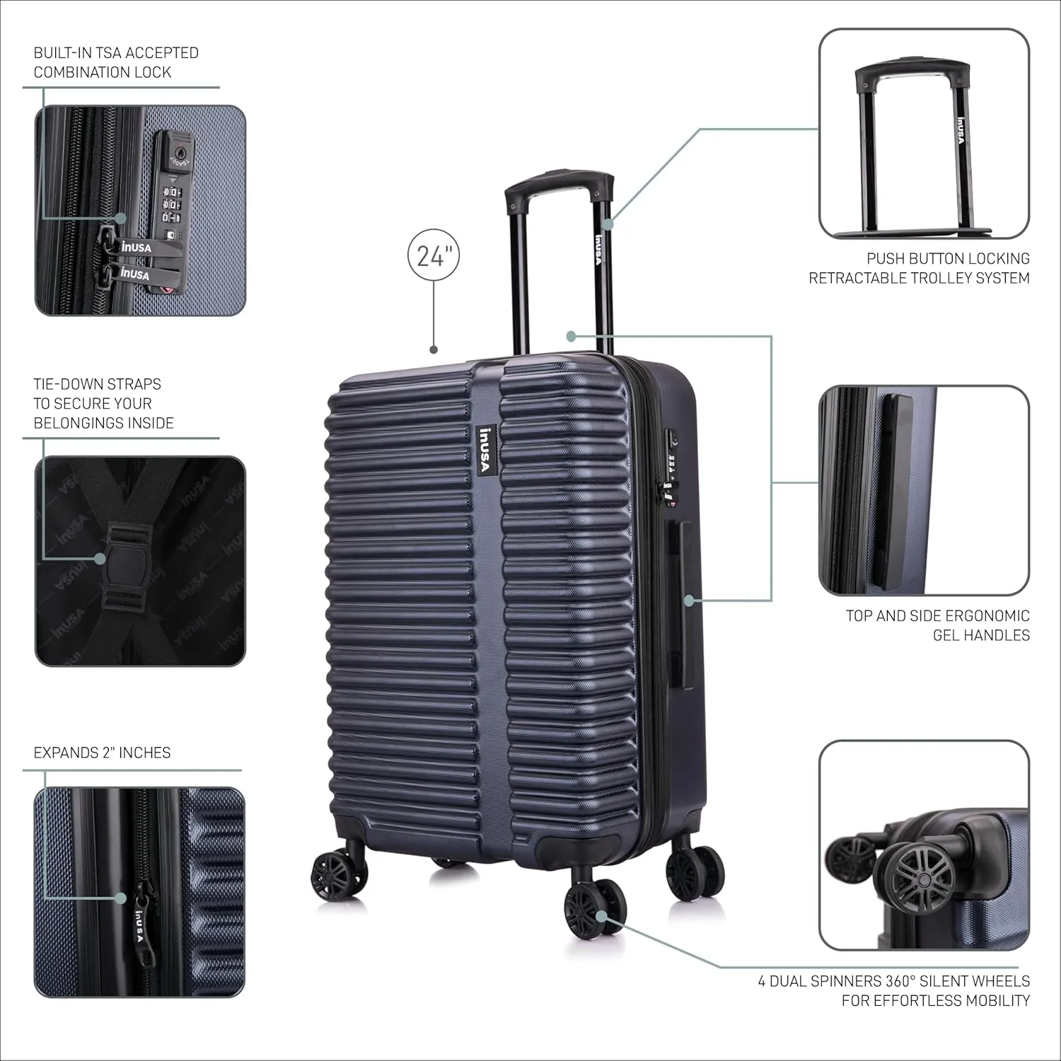 InUSA ALLY Travel Suitcase with Spinner Wheels | Lightweight Ergonomic Luggage Handles and TSA Lock, Spacious Traveling Suitcases | 24 Inch Hardside Medium Luggage | Blue