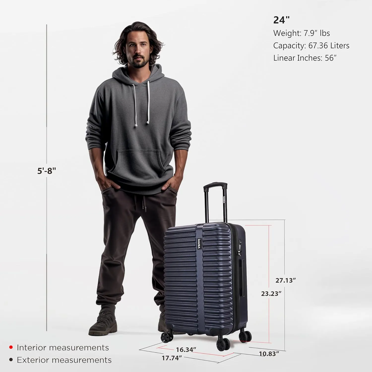 InUSA ALLY Travel Suitcase with Spinner Wheels | Lightweight Ergonomic Luggage Handles and TSA Lock, Spacious Traveling Suitcases | 24 Inch Hardside Medium Luggage | Blue