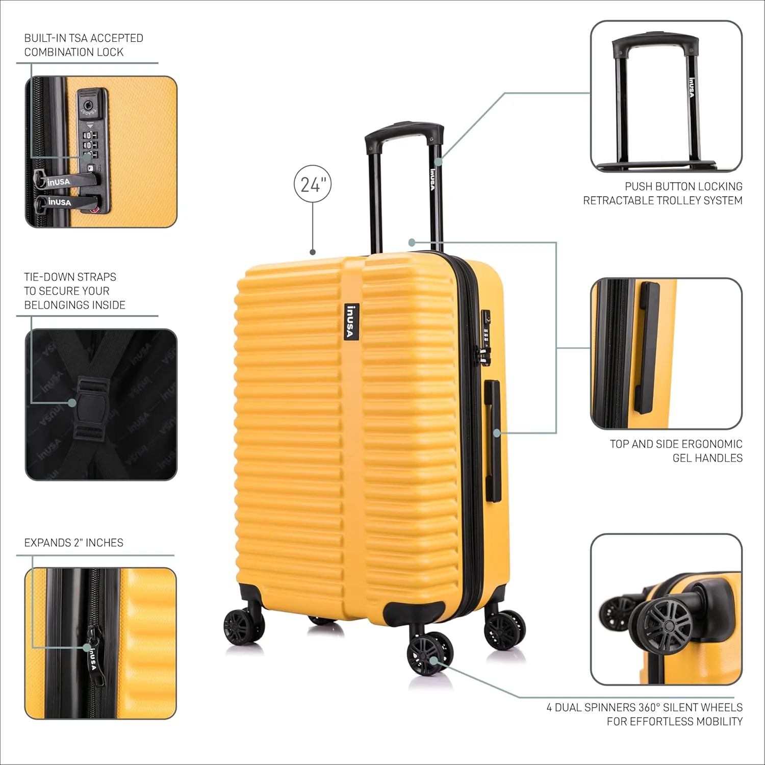 InUSA ALLY Travel Suitcase with Spinner Wheels | Lightweight Ergonomic Luggage Handles and TSA Lock, Spacious Traveling Suitcases | 24 Inch Hardside Medium Luggage | Mustard