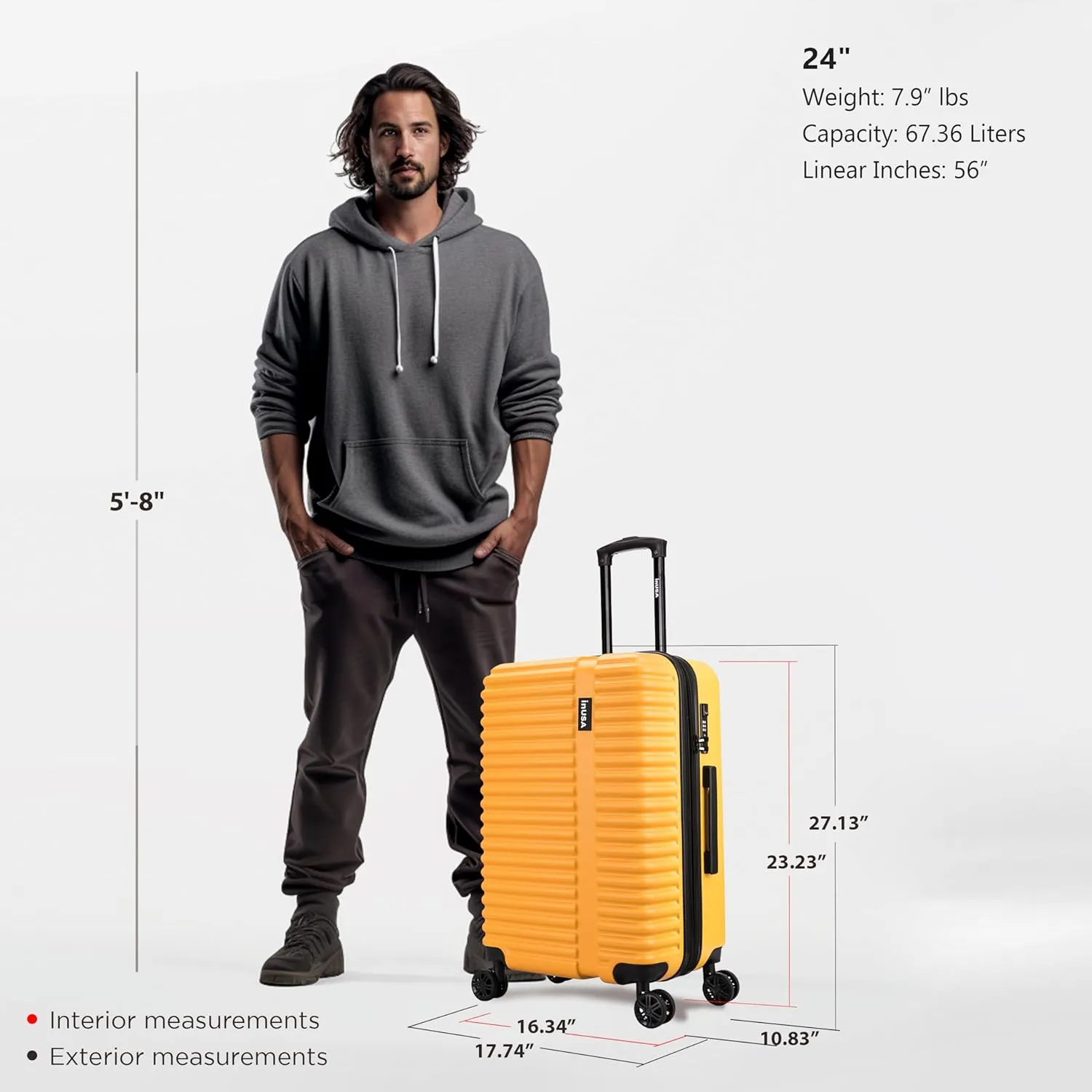 InUSA ALLY Travel Suitcase with Spinner Wheels | Lightweight Ergonomic Luggage Handles and TSA Lock, Spacious Traveling Suitcases | 24 Inch Hardside Medium Luggage | Mustard