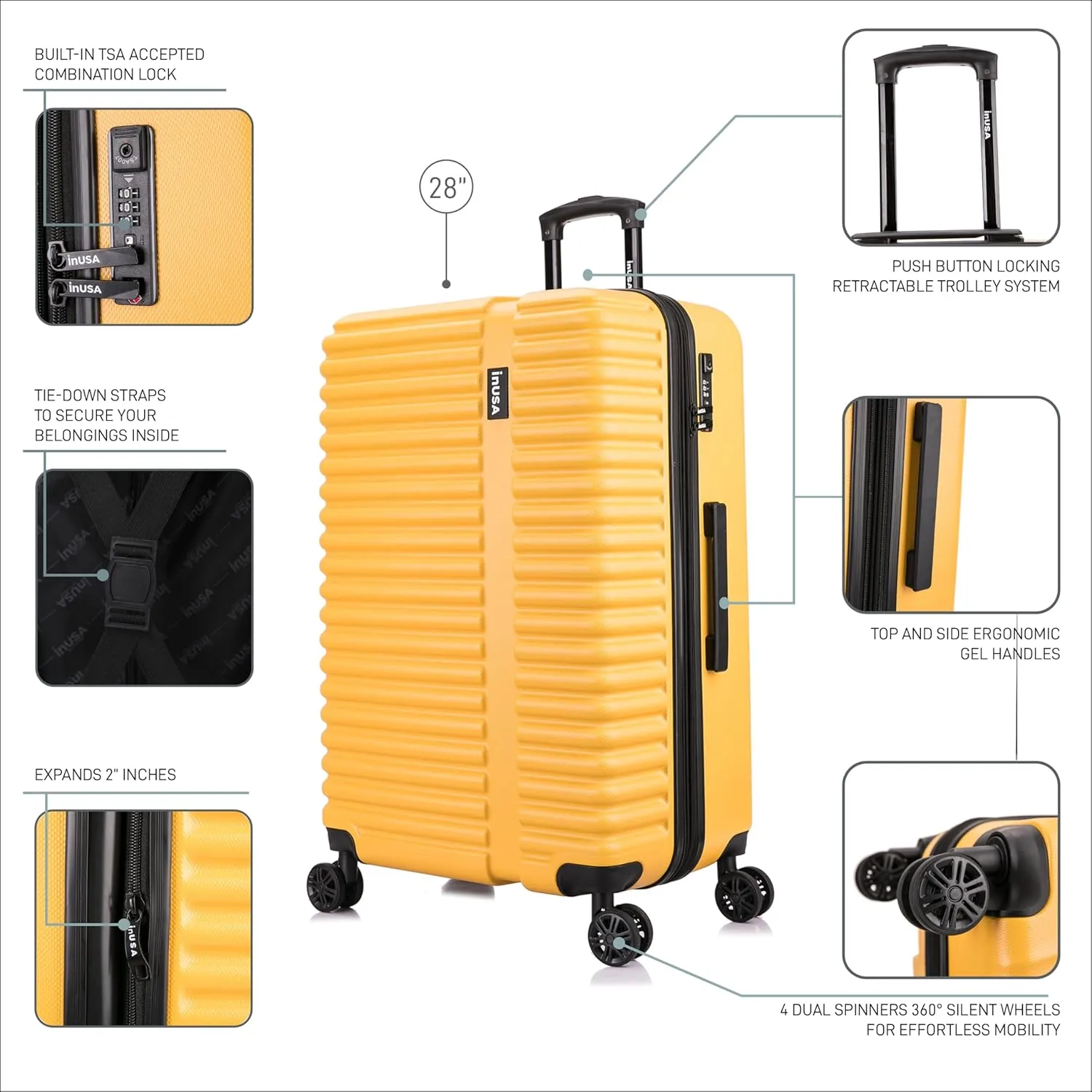 InUSA ALLY Travel Suitcase with Spinner Wheels | Lightweight Ergonomic Luggage Handles and TSA Lock, Spacious Traveling Suitcases | 28 Inch Hardside Large Luggage | Mustard