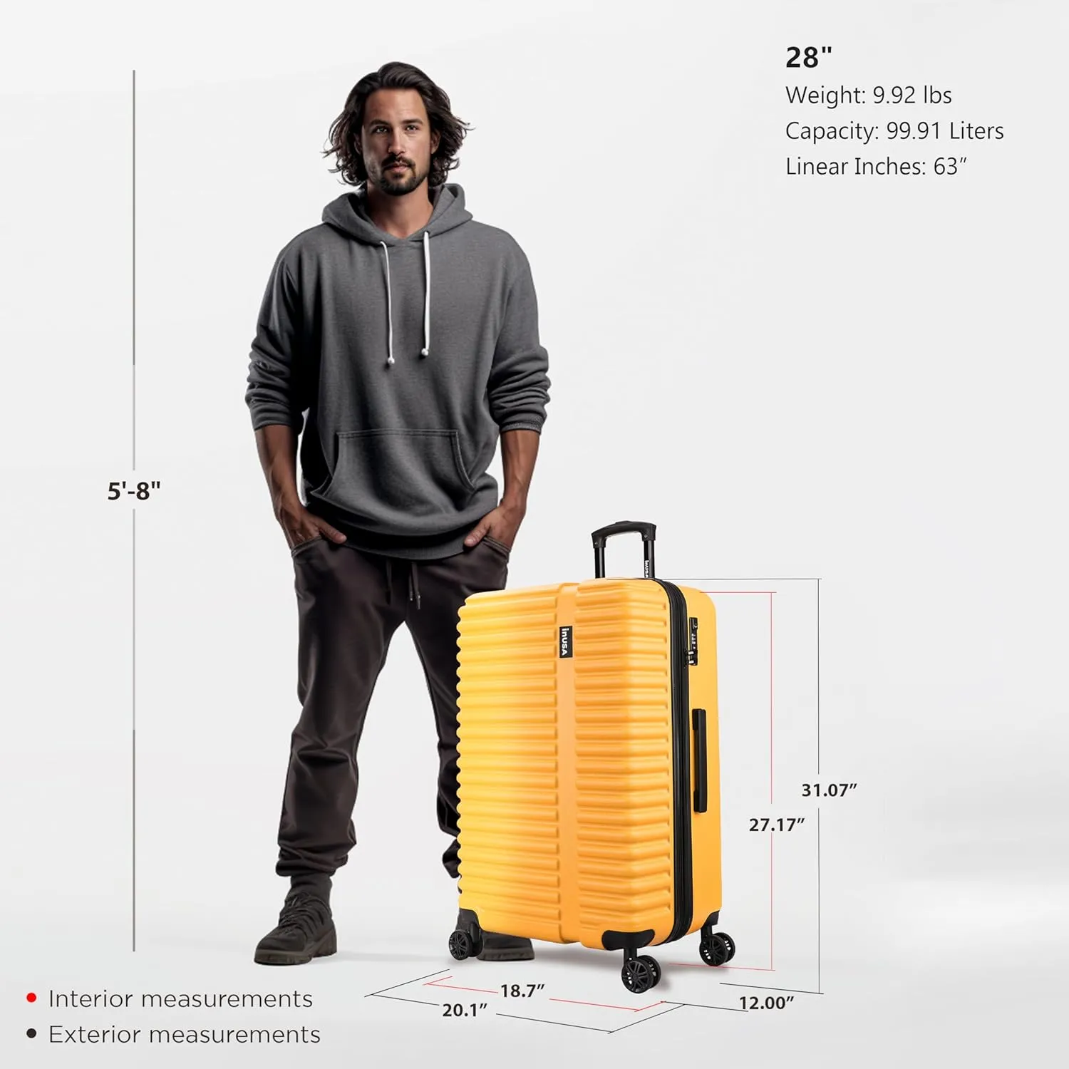 InUSA ALLY Travel Suitcase with Spinner Wheels | Lightweight Ergonomic Luggage Handles and TSA Lock, Spacious Traveling Suitcases | 28 Inch Hardside Large Luggage | Mustard