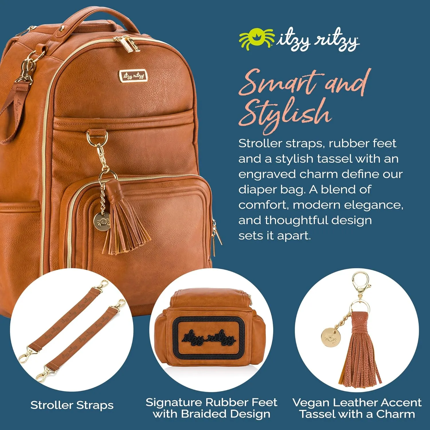 Itzy Ritzy Diaper Bag Backpack  Large Capacity Boss Plus Baby Backpack Diaper Bag Featuring 19 Pockets, Changing Pad, Stroller Clips, and Comfortable Backpack Straps, Cognac