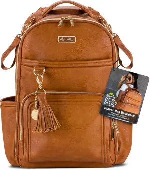 Itzy Ritzy Diaper Bag Backpack  Large Capacity Boss Plus Baby Backpack Diaper Bag Featuring 19 Pockets, Changing Pad, Stroller Clips, and Comfortable Backpack Straps, Cognac