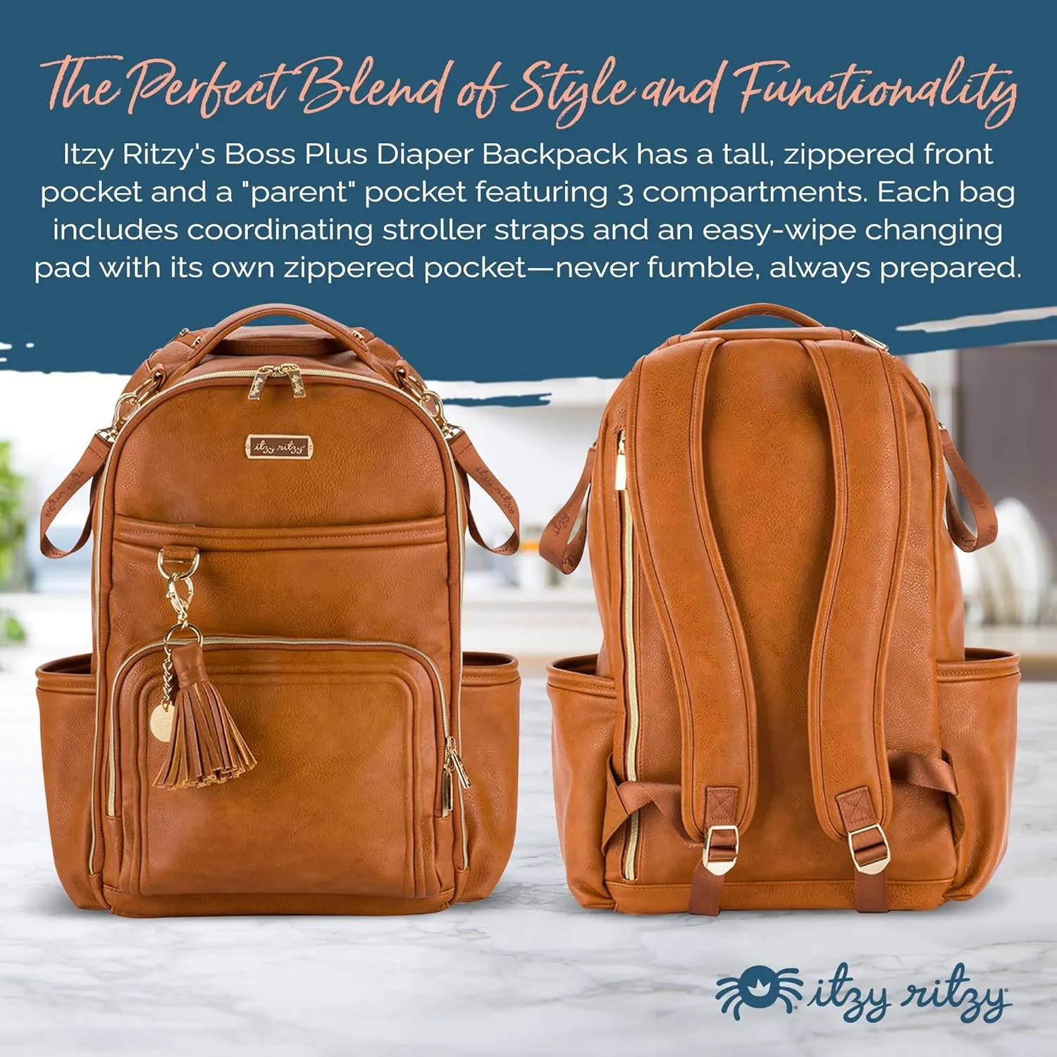 Itzy Ritzy Diaper Bag Backpack  Large Capacity Boss Plus Baby Backpack Diaper Bag Featuring 19 Pockets, Changing Pad, Stroller Clips, and Comfortable Backpack Straps, Cognac