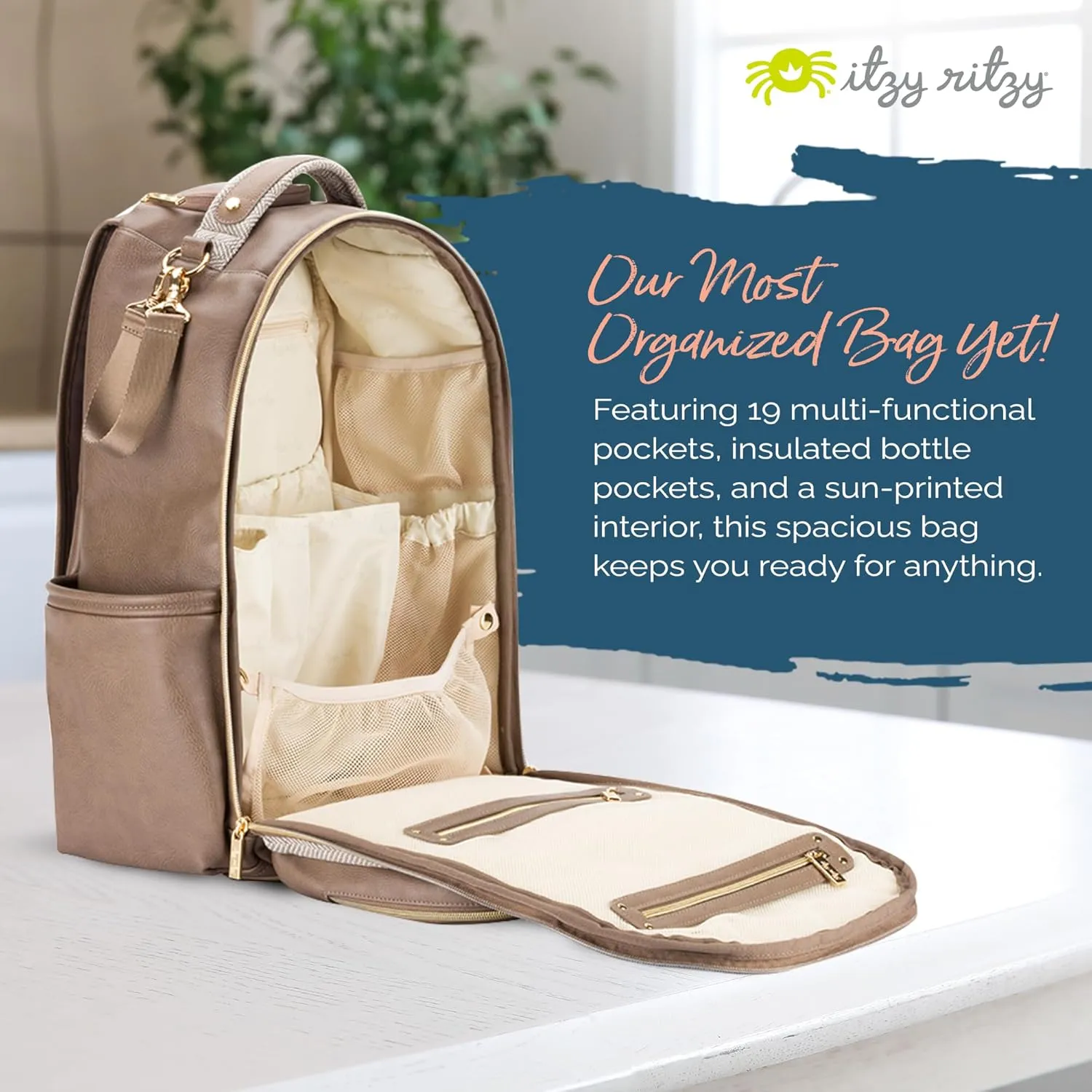 Itzy Ritzy Diaper Bag Backpack  Large Capacity Boss Plus Baby Backpack Diaper Bag Featuring 19 Pockets, Changing Pad, Stroller Clips, and Comfortable Backpack Straps, Vanilla Latte Boss Plus
