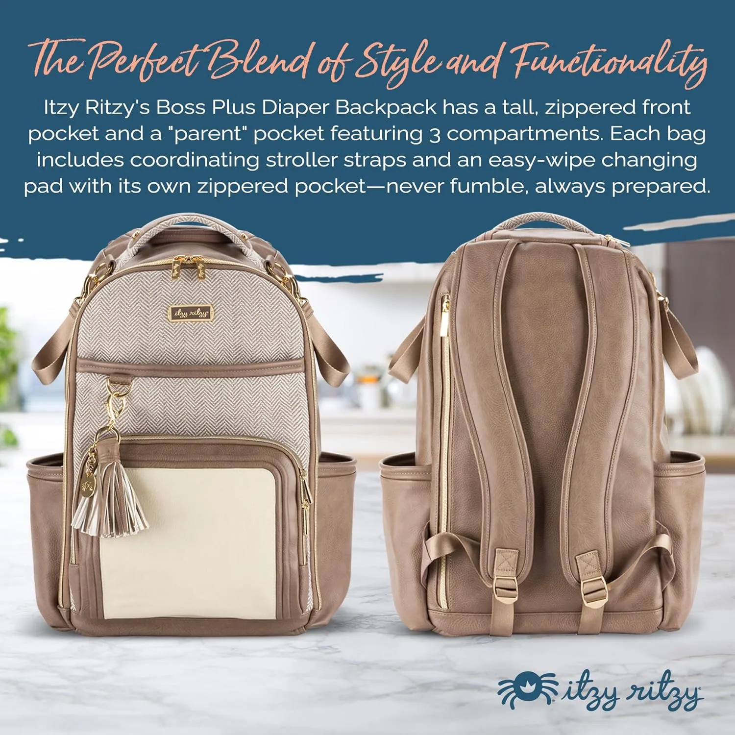 Itzy Ritzy Diaper Bag Backpack  Large Capacity Boss Plus Baby Backpack Diaper Bag Featuring 19 Pockets, Changing Pad, Stroller Clips, and Comfortable Backpack Straps, Vanilla Latte Boss Plus