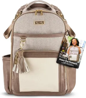 Itzy Ritzy Diaper Bag Backpack  Large Capacity Boss Plus Baby Backpack Diaper Bag Featuring 19 Pockets, Changing Pad, Stroller Clips, and Comfortable Backpack Straps, Vanilla Latte Boss Plus