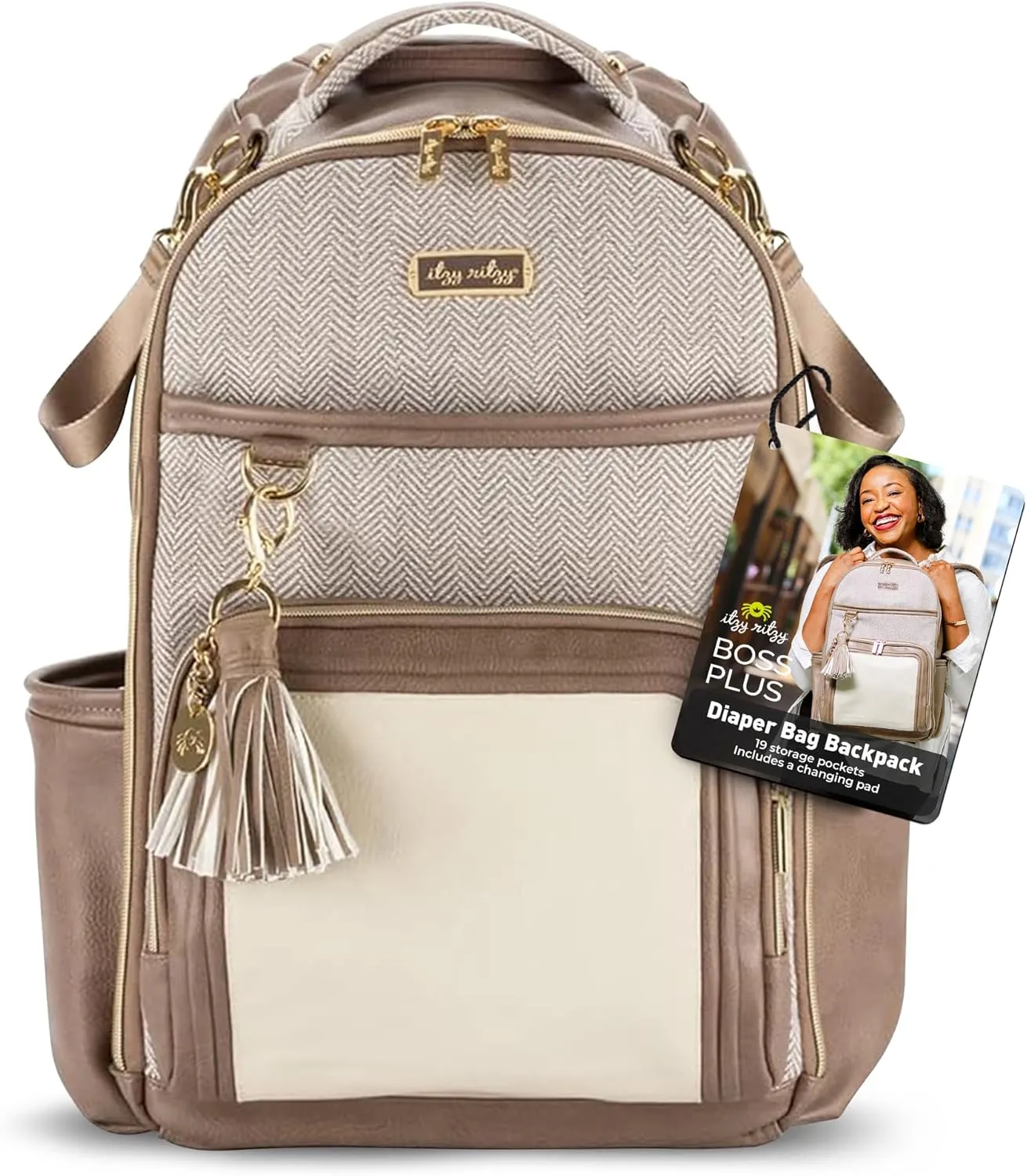 Itzy Ritzy Diaper Bag Backpack  Large Capacity Boss Plus Baby Backpack Diaper Bag Featuring 19 Pockets, Changing Pad, Stroller Clips, and Comfortable Backpack Straps, Vanilla Latte Boss Plus