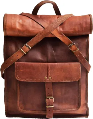 jaald 23" Brown Leather Backpack Vintage Rucksack Laptop Bag Large Travel Roll Top College Bookbag Comfortable Lightweight Travel Hiking/picnic For Men