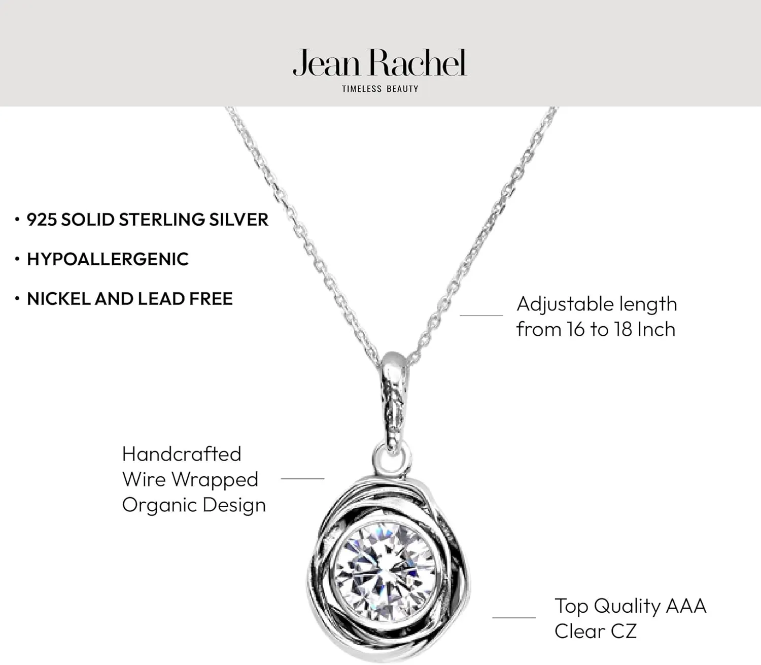 JEAN RACHEL JEWELRY 925 Sterling Silver Necklace for Women - Wire Wrap with Bezel Set Cubic Zirconia Vintage Design - Hypoallergenic, Lead & Nickel Free - Artisan Handcrafted Statement Necklace