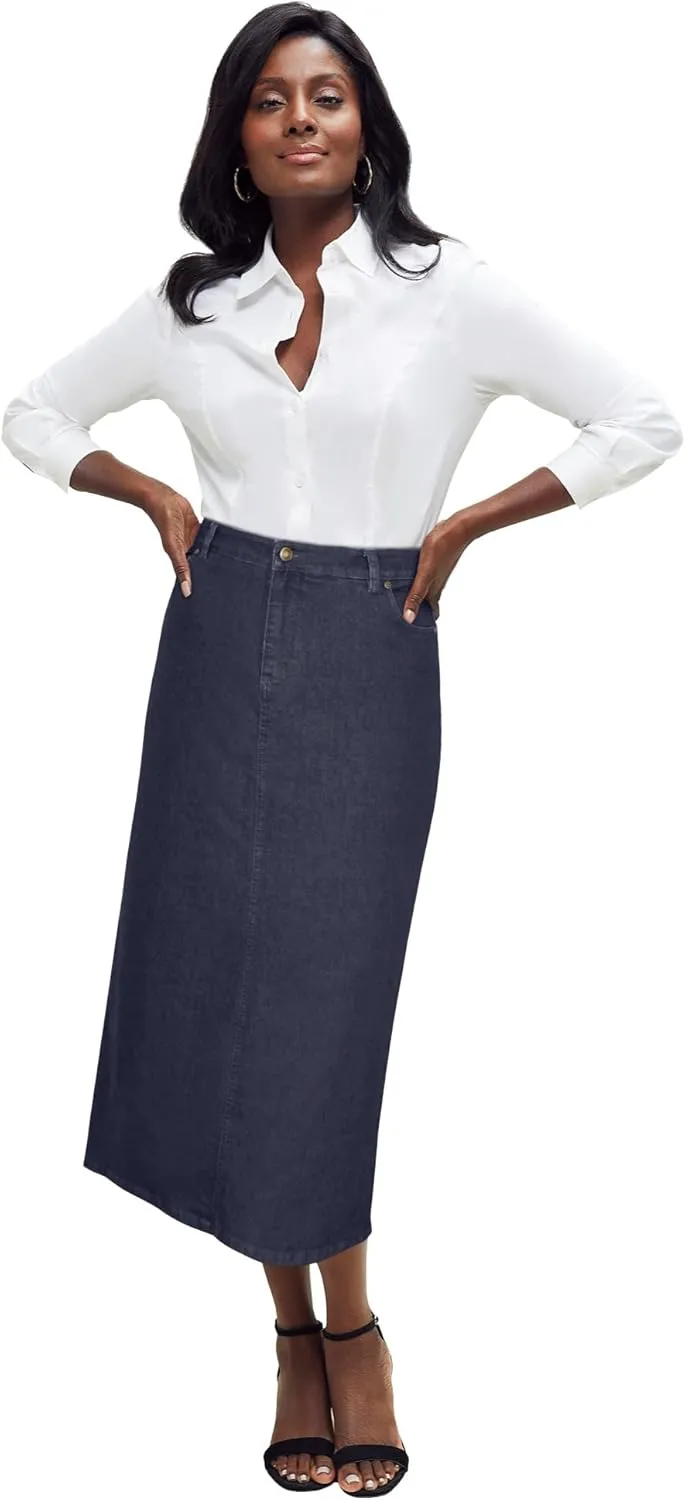 Jessica London Women's Plus Size True Fit Front Button Casual Denim Skirt