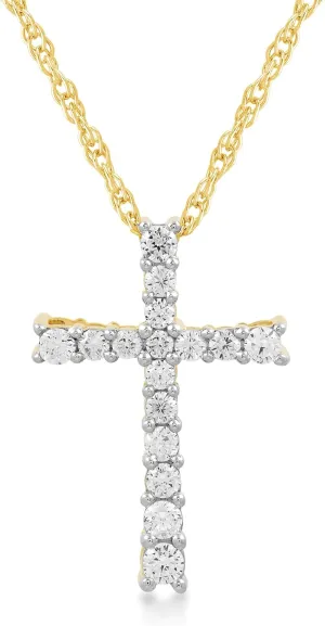 Jewelili 10K Yellow Gold Cross Pendant Necklace for Women | 1/2 CTTW Natural White Round Diamonds | 18" Rope Chain | Luxury Jewelry with Gift Box | Timeless Fashion Jewelry Gift for Her