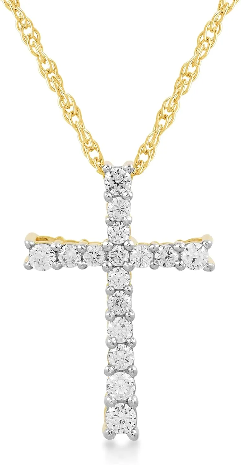 Jewelili 10K Yellow Gold Cross Pendant Necklace for Women | 1/2 CTTW Natural White Round Diamonds | 18" Rope Chain | Luxury Jewelry with Gift Box | Timeless Fashion Jewelry Gift for Her