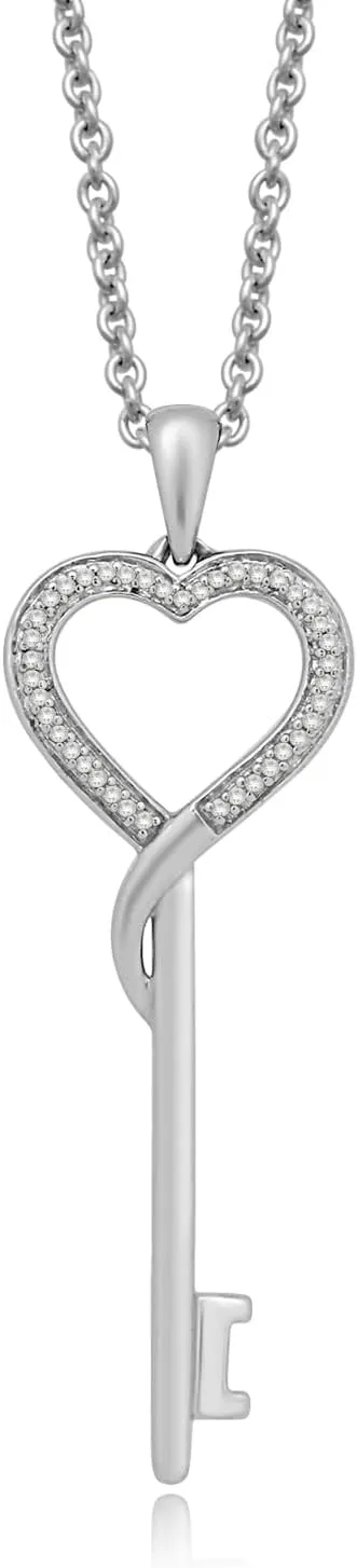 Jewelili Heart Key Pendant Necklace for Women | Sterling Silver | 1/10 CTTW Natural White Diamonds | 18" Rolo Chain | Romantic Jewelry with Gift Box | Timeless Fashion Jewelry Gift for Her