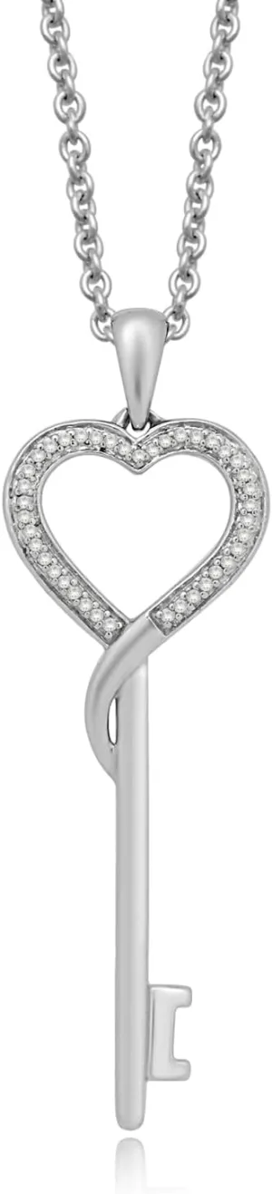 Jewelili Heart Key Pendant Necklace for Women | Sterling Silver | 1/10 CTTW Natural White Diamonds | 18" Rolo Chain | Romantic Jewelry with Gift Box | Timeless Fashion Jewelry Gift for Her