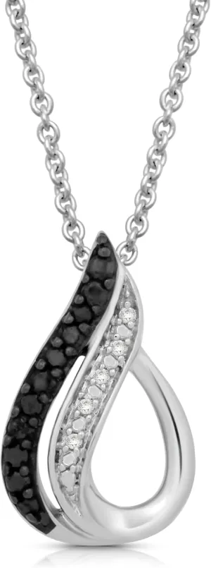 Jewelili Sterling Silver Drop Pendant Necklace | Black and White Round Diamonds | 18" Rolo Chain | Classic Jewelry with Gift Box | Timeless Fashion Jewelry Gift for Her