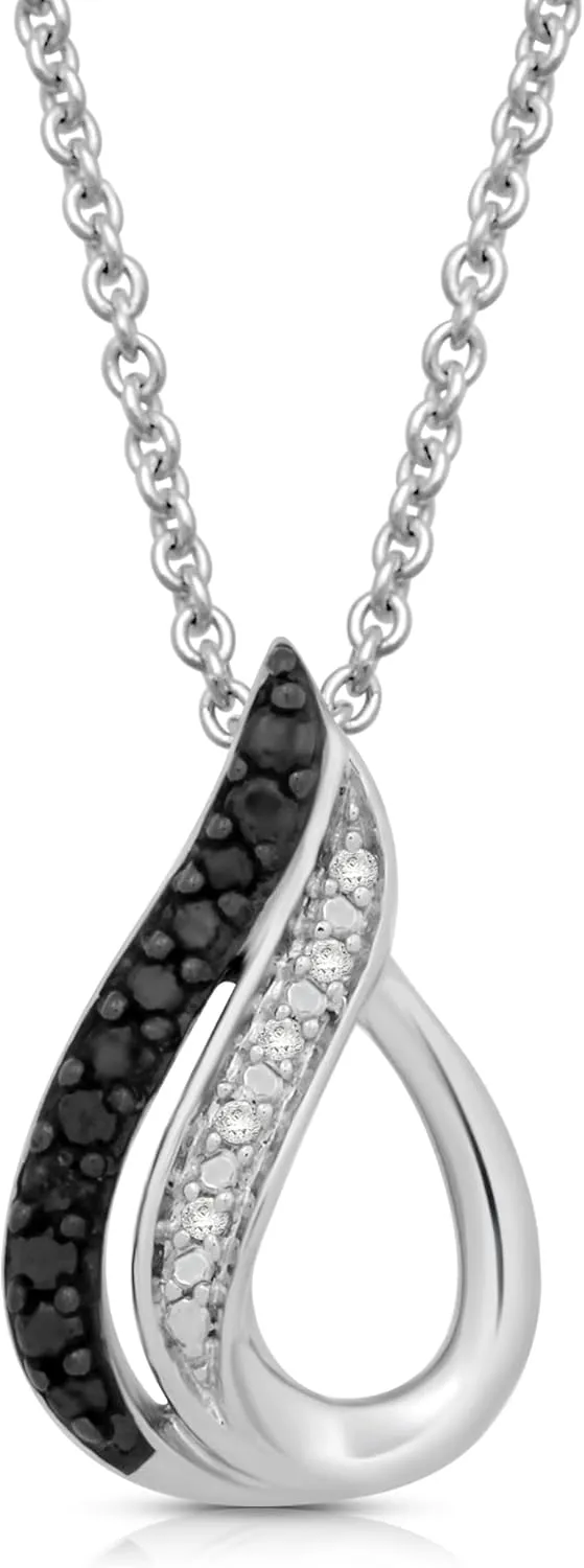 Jewelili Sterling Silver Drop Pendant Necklace | Black and White Round Diamonds | 18" Rolo Chain | Classic Jewelry with Gift Box | Timeless Fashion Jewelry Gift for Her
