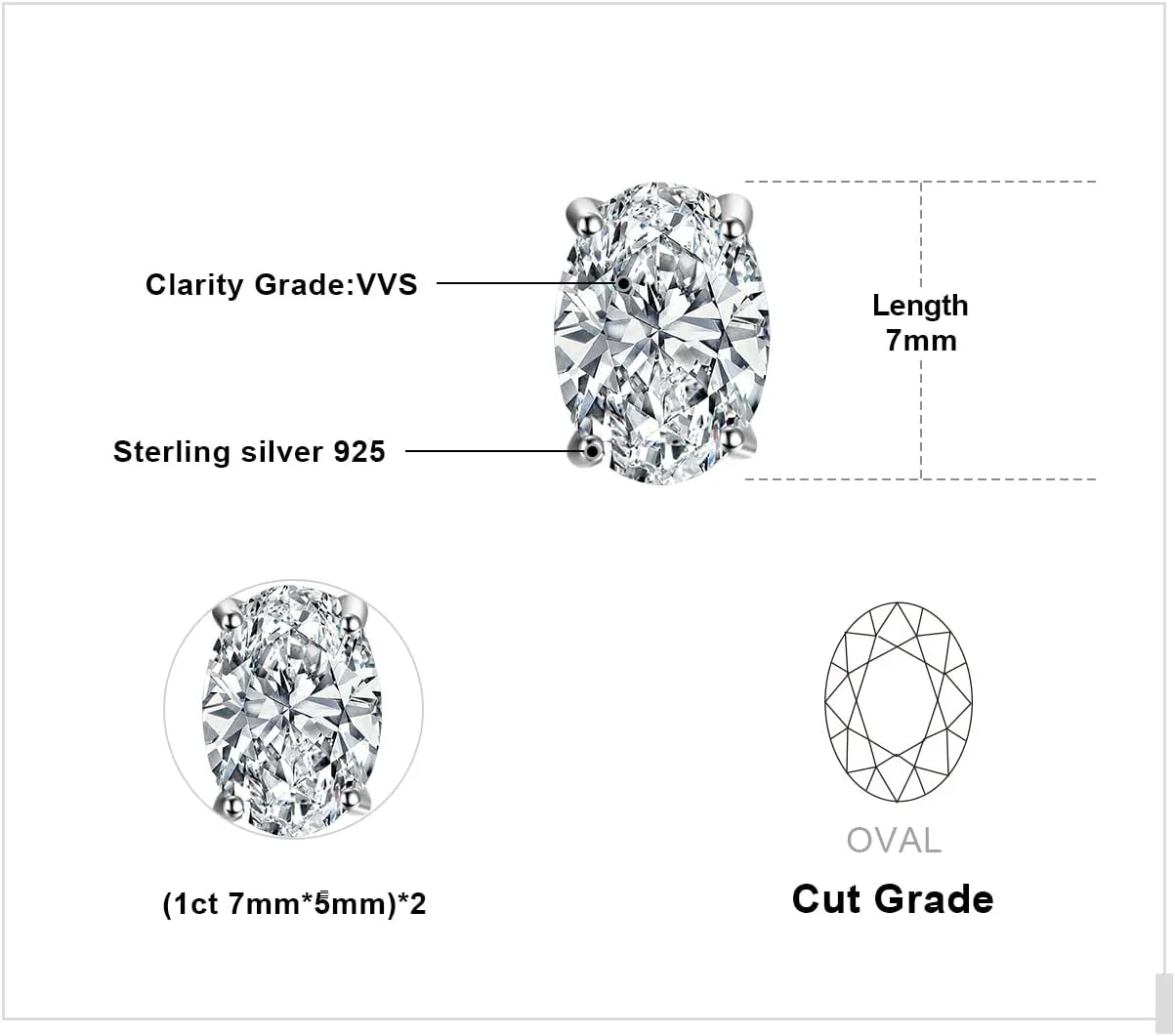 JewelryPalace Oval Cut 2ct Cubic Zirconia Solitaire Stud Earrings for Women, 925 Sterling Silver 14k White Yellow Rose Gold Plated Earrings for Her, Classic Simulated Diamond Earrings Jewelry Sets