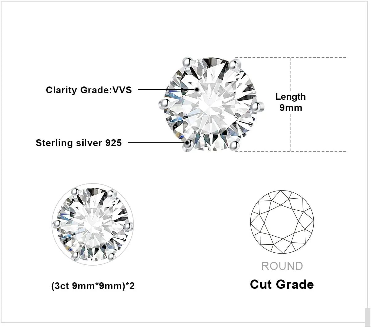 JewelryPalace Round Cut 4-9mm 0.6-6ct Moissanite Solitaire Stud Earrings for Women, 925 Sterling Silver 14k White Gold Plated Earrings for Her, Classic Simulated Diamond Earrings VVS D-F